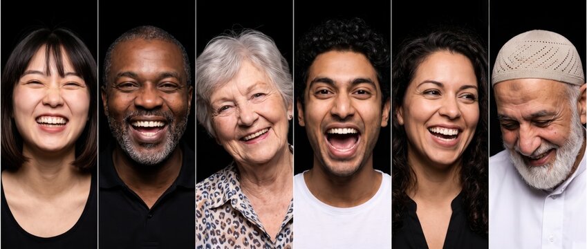 Diverse generations laughing together in panoramic portrait lineup. Concept of social connection, age diversity, wellbeing and inclusive communities.