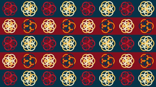 Seamless Geometric Floral Pattern With Vintage Red And Blue Stripes