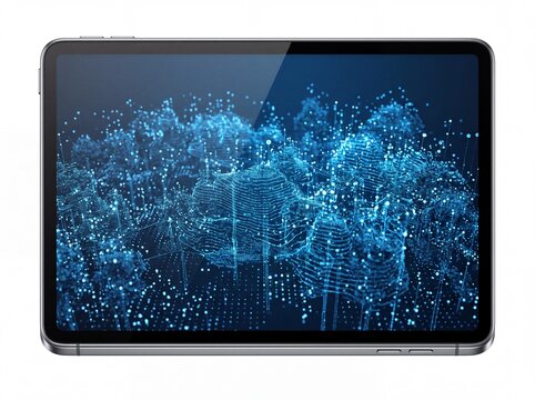 Modern tablet displaying advanced digital network and artificial intelligence data visualization on white background