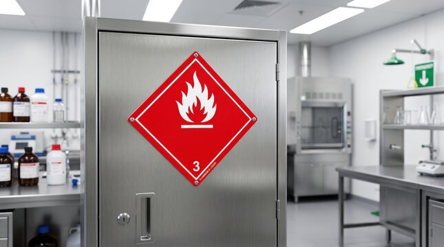 A laboratory storage cabinet with a flammable materials warning sign in a clean, modern lab environment.