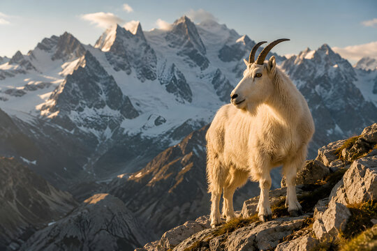 Majestic mountain goat stands proudly on rocky mountain peak.