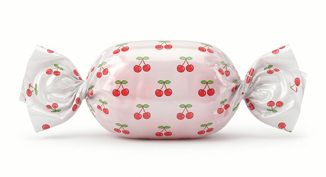 A single wrapped piece of hard candy with a repeating pattern of small red cherries on a light pink background
