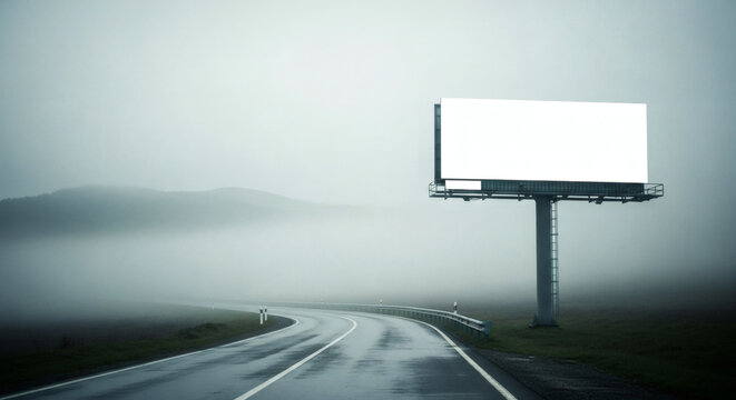 Empty billboard along winding road through misty landscape