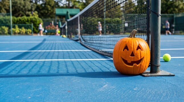 A carved pumpkin rests against a tennis net on a blue court with players in the background enjoying a sunny day.