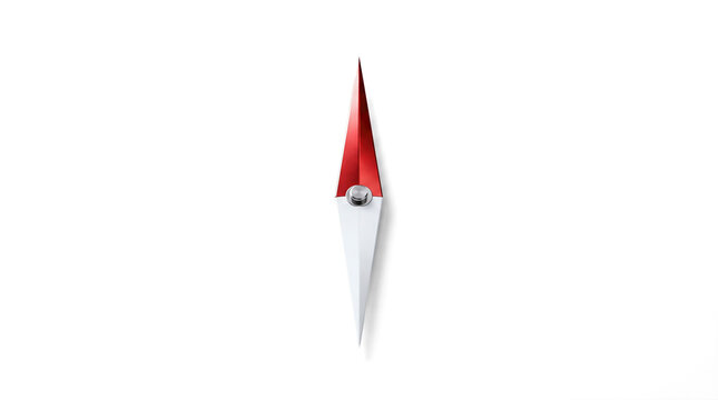 Red white magnetic compass needle pointing straight north indicating direction placed flat against blank isolated background representing navigation guidance tool