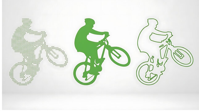 Three stylized mountain bike cyclist icons showing different graphic design styles.
