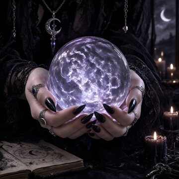 Witch Holding Glowing Purple Crystal Ball with Candles and Grimoire