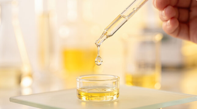 Macro close photography showing hand holding glass pipette dropping yellow fluid inside small clear dish atop laboratory scale near blurred chemical beakers