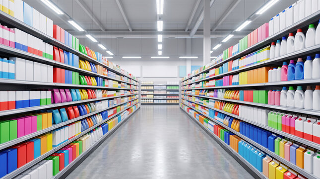 Long straight empty grocery store aisle showing tall metal shelves filled with colorful generic product boxes underneath bright overhead fluorescent lighting