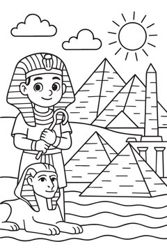 Simple hand drawn vector of pyramids and Sphinx, created for children's education and coloring activities about ancient Egyptian history and cultures.