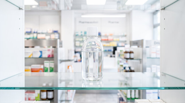 Transparent glass medicine bottle filled with liquid resting upon shelf inside clean illuminated pharmacy store health medical retail display clinic background product