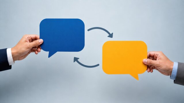 Businessmen hands with blue and yellow speech bubbles and arrows for communication exchange.