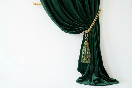 Luxurious Emerald Green Velvet Drapery with Ornate Gold Tassel and Tieback against White Wall
