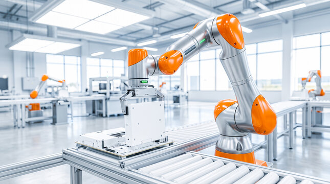 Orange industrial robotic arm moving white electronic component along automated conveyor belt inside bright modern manufacturing factory facility operating continuously today