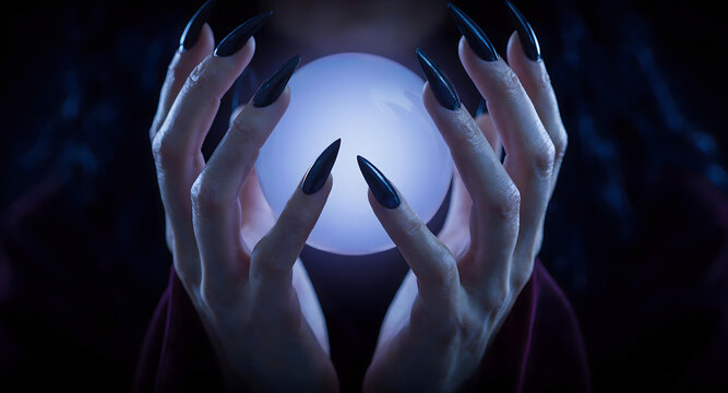 Witch's Hands with Long Black Nails Holding a Glowing Crystal Ball