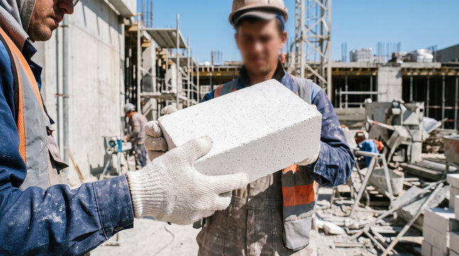 construction workers wearing safety gloves and vests holding white aerated concrete masonry block together at busy industrial building architecture development site