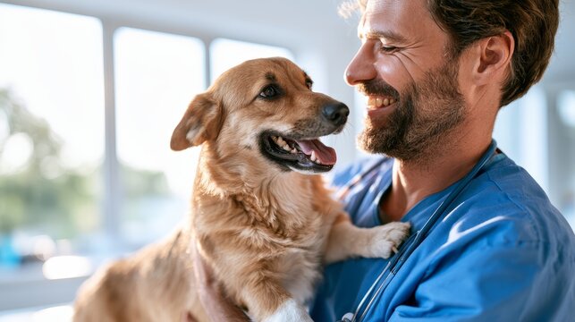Male veterinarian in blue scrubs holds a happy corgi dog in a bright clinic with large windows and soft natural light illuminating the scene
