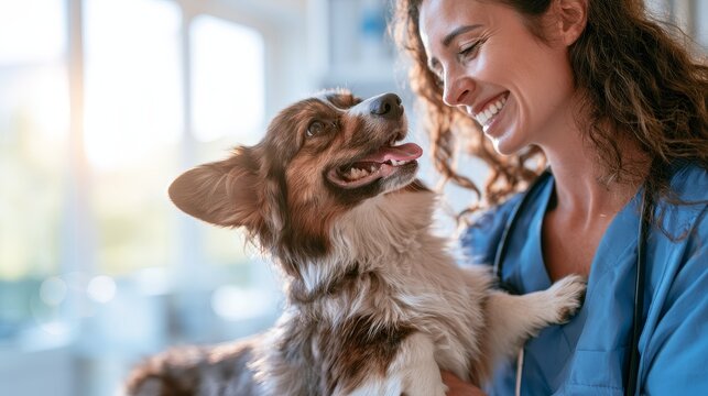 Female veterinarian in blue scrubs smiles while holding a small dog in a bright clinic with large windows and a clean, modern interior