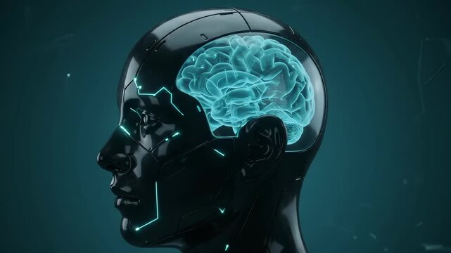 Robot brain artificial intelligence technology android futuristic neural cybernetics digital. A black humanoid robot turns to reveal its glowing digital brain for commercial advertising artificial