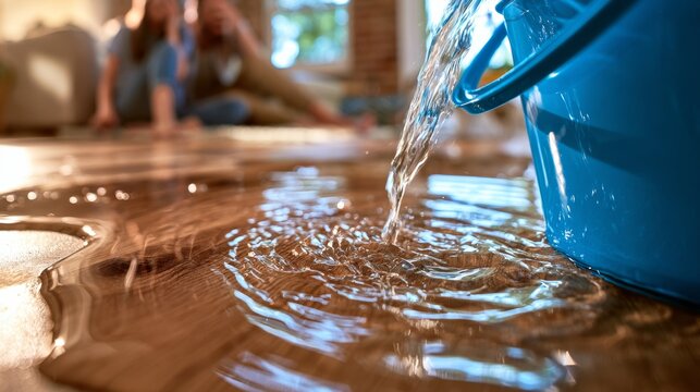 Blue bucket spilling water onto wooden floor in a living room, with blurred figures of two people in the background, sunlight streaming through windows