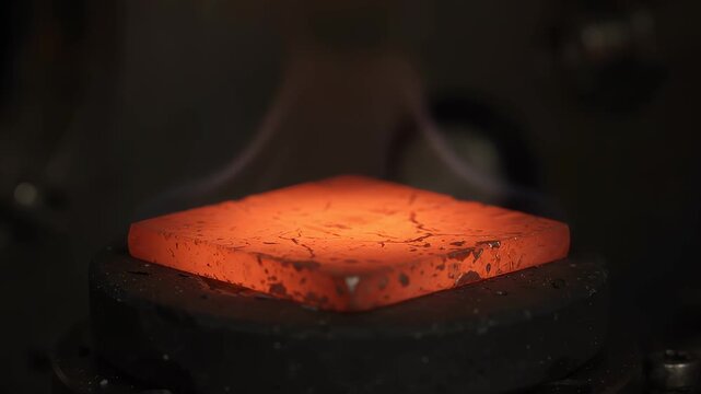 Hot metal cooling steel glowing industry manufacturing heat billet metallurgy. A red hot rectangular metal billet gradually cools on industrial machinery as steam rises for commercial advertising