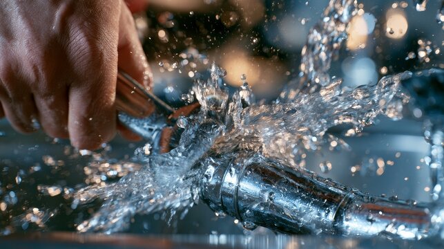 Close-up of a hand using a wrench to fix a leaking faucet with water splashing around in a modern kitchen sink setting
