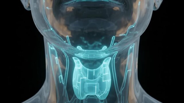 Thyroid gland anatomy transparent neck medical endocrine glowing healthcare hormone. A transparent human neck reveals a glowing blue thyroid gland for commercial advertising medical education