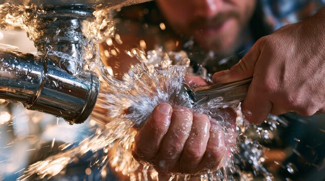 Male plumber repairing a leaking pipe with water splashing from the joint, close-up view of hands gripping the metal pipe in a residential setting