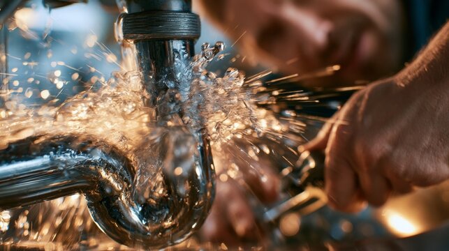 Male plumber repairing a leaking pipe with water splashing in a residential setting, showcasing tools and plumbing fixtures in the background
