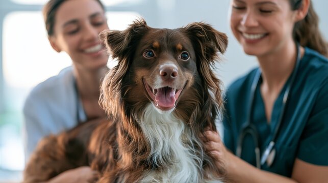 Two female veterinarians smiling while examining a brown and white dog in a bright clinic setting with soft lighting and modern decor