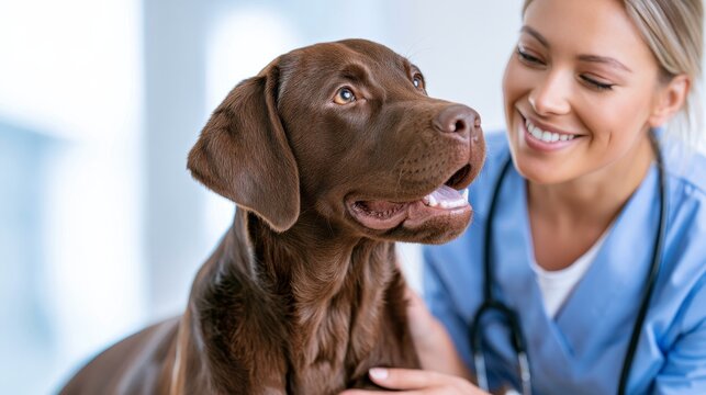 Female veterinarian in blue scrubs interacts with a brown Labrador retriever in a bright clinic setting, showcasing care and professionalism in animal healthcare