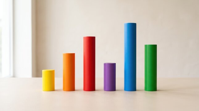 Abstract 3D bar chart made of colorful cylinders representing statistical data growth, yellow orange red purple blue green columns arranged by height, business analytics