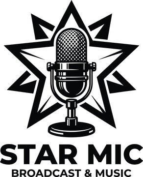 Star Mic Logo Design Vector Illustration for Music Broadcast Podcast Audio Studio and Record Label