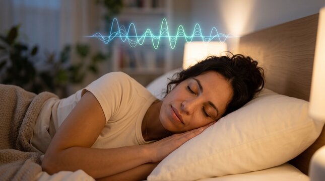 A young woman sleeps peacefully in her bedroom while a glowing blue visualization of brain activity waves floats above her head to represent the science of nocturnal restorative rest