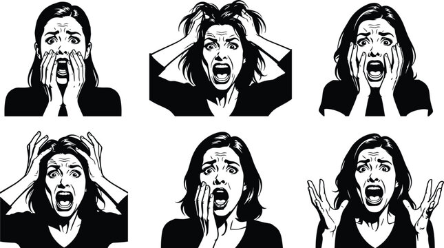 Scared Woman Face Expression Silhouette Set with Shouting Screaming Terrified and Panicked Female Character Head Avatars for Comic Graphic Designs