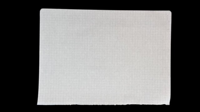 Square-ruled notebook blanket paper crumpling into a ball and then unfolding back into a wrinkled sheet on transparent background