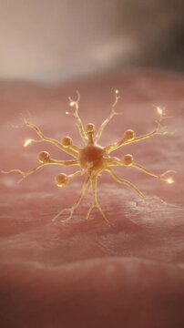 Close up of a glowing nerve cell with dendrites representing neural communication and brain activity