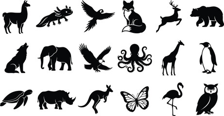 Fototapeta premium Wild Animal Silhouette Vector Icon Set with Llama, Elephant, Bear, Fox, Eagle, and Octopus for Nature Wildlife Graphic Designs