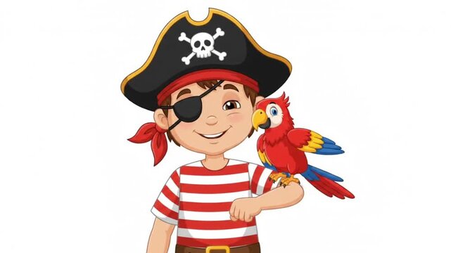Cartoon Illustration of a Happy Young Pirate Boy Wearing an Eye Patch and Hat with a Colorful Tropical Parrot