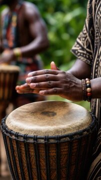 Close up of African hands playing traditional djembe drum with cultural bracelets in outdoor setting
