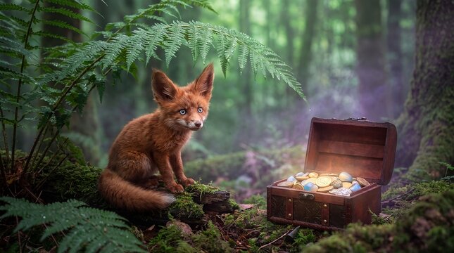 Fox cub treasure chest forest wildlife coins woodland cute adventure. A red fox cub sits beside an open chest of gold coins among ferns in a misty forest for wildlife adventure and fairytale stories