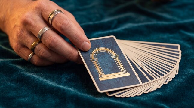 Tarot cards hand rings fan velvet teal divination reading mystical. A ringed hand spreads a deck across rich fabric for psychic consultation spiritual guidance and elegant occult storytelling