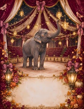A majestic elephant stands in the center of a grand circus ring, under a canopy of ornate curtains and twinkling lights.