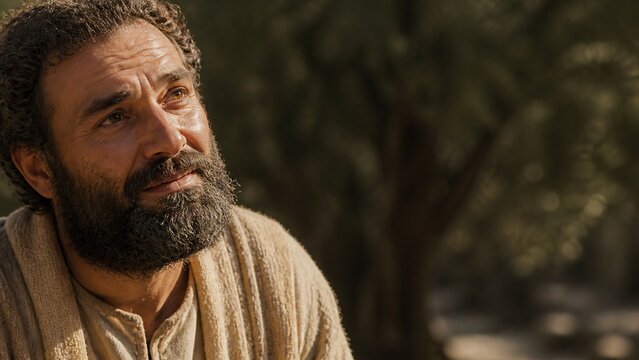 Bearded apostle in beige robe looking up to heaven with hope among olive trees. Biblical man listening and praying in reflection. Faith, devotion and waiting for promise in ancient Judea