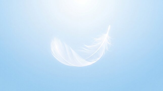 A single delicate white feather floats gracefully through the air against a bright blue background with feather drifts slowly through clear light bright glow with single soft
