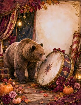 A large brown bear stands next to a drum in a festive autumn setting, decorated with pumpkins and fallen leaves