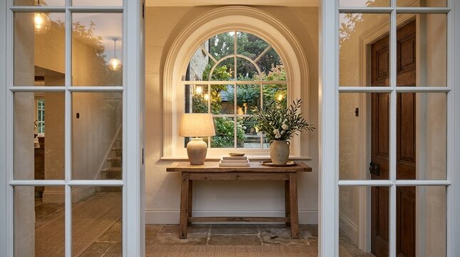 Elegant Hallway with Arched Window, Console Table, Lamp, and Floral Arrangement