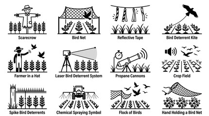 Fototapeta premium Agricultural Bird Deterrent and Pest Control Icon Set for Farming Protection