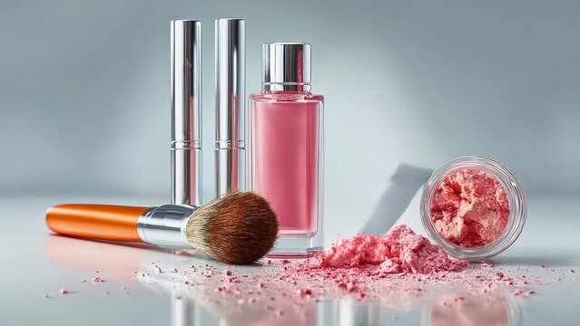 Collection of pink makeup items featuring lipstick mascara and loose powder on a clean reflective surface