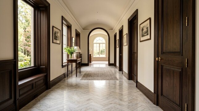 Elegant Hallway with Marble Floor, Dark Wood Trim, and Arched Entrance
